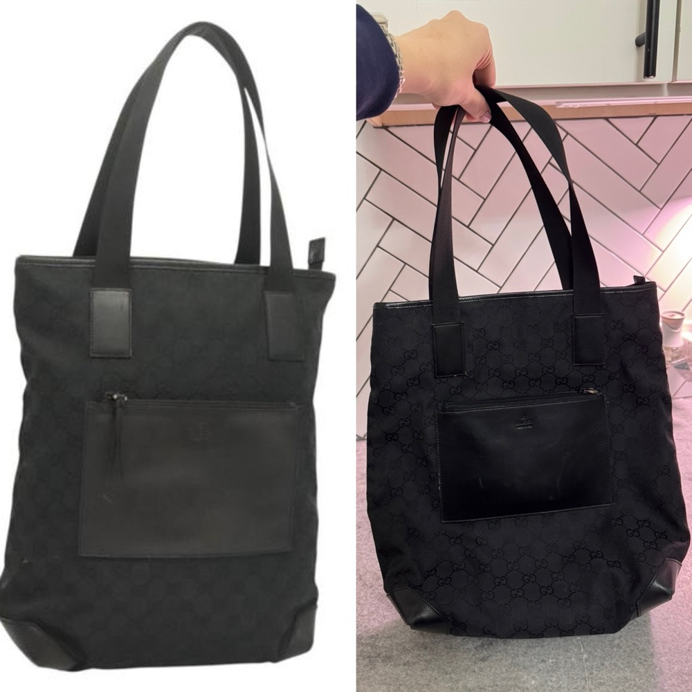 Authentic GG Gucci Black Tote Bag with Front Pocket